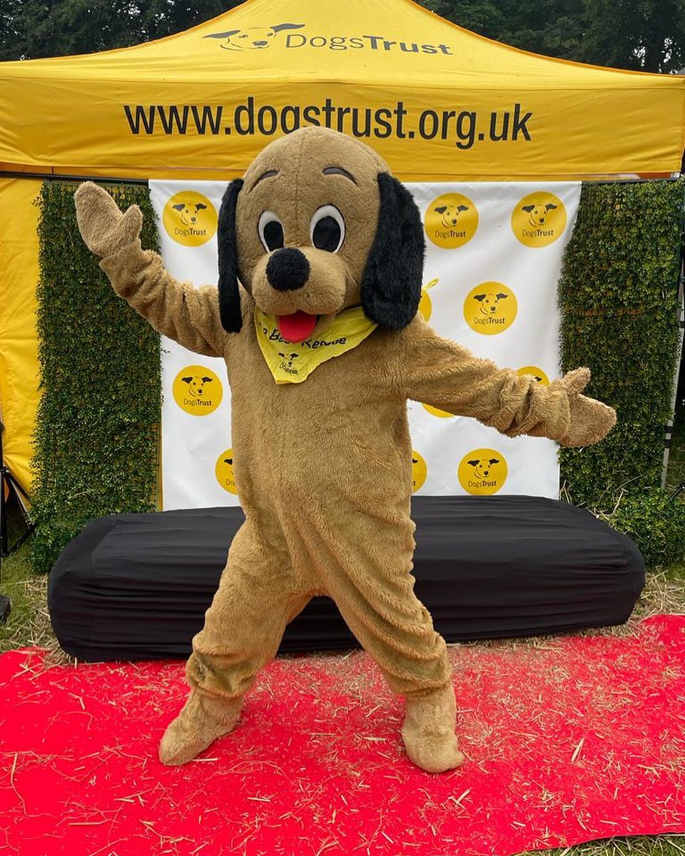 Person in a dog suit in front of a stall